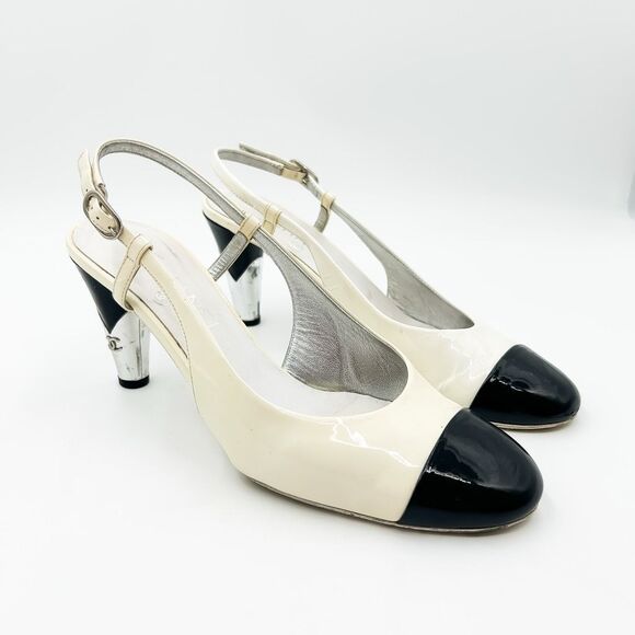 Chanel CC Cap Toe Slingback Heels Patent Leather Black White EU 41 - Picture 1 of 15